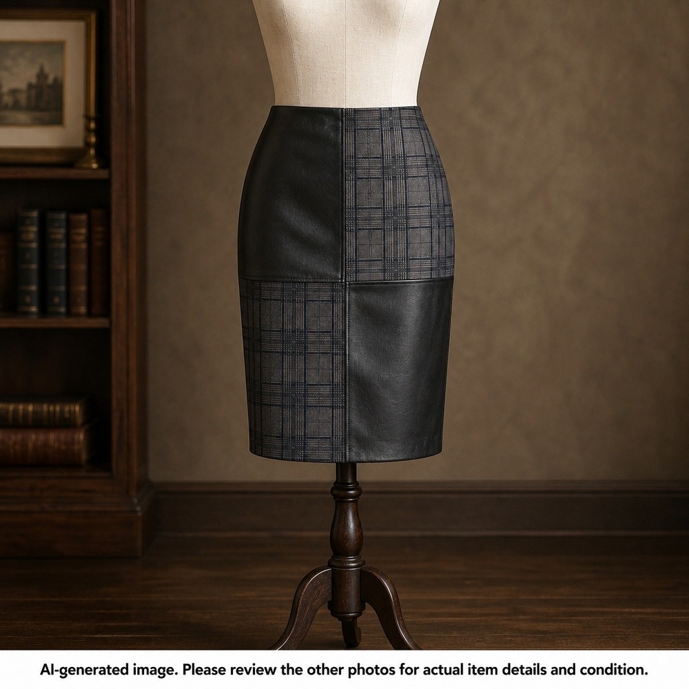 Ivanka Trump Leather Plaid Patchwork Pencil Skirt Size 10 Black Gray Midi